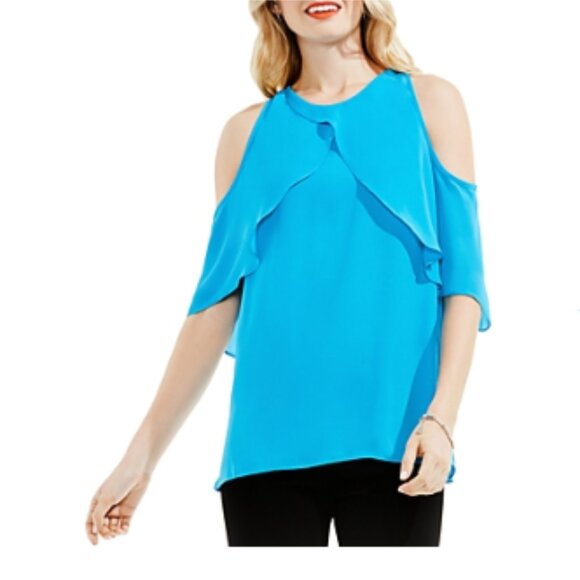 💕 NWT Vince Camuto Womens M Blue Chiffon Cross-over Cold Shoulder Blouse Top - Picture 2 of 3